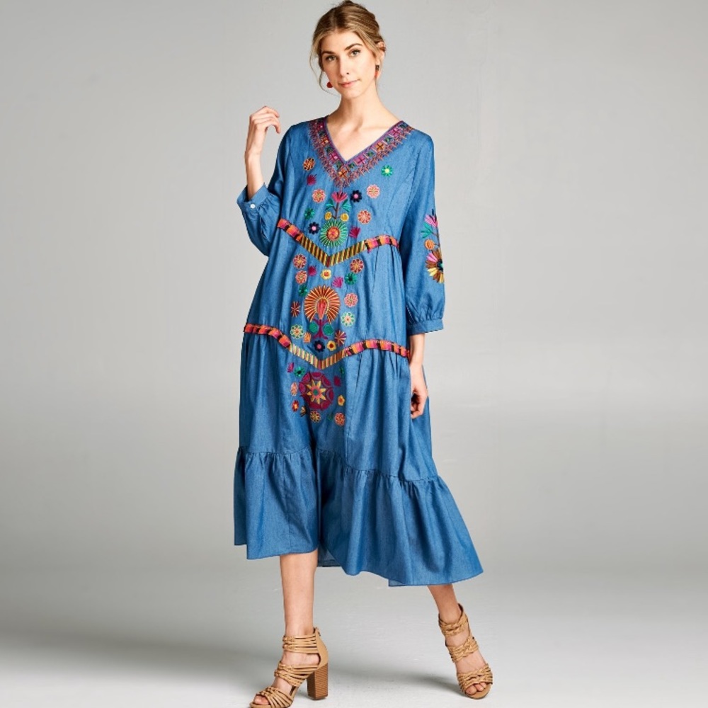 Floral Embroidered Ruffle Hem Blue Maxi Dress 3/4 Sleeve